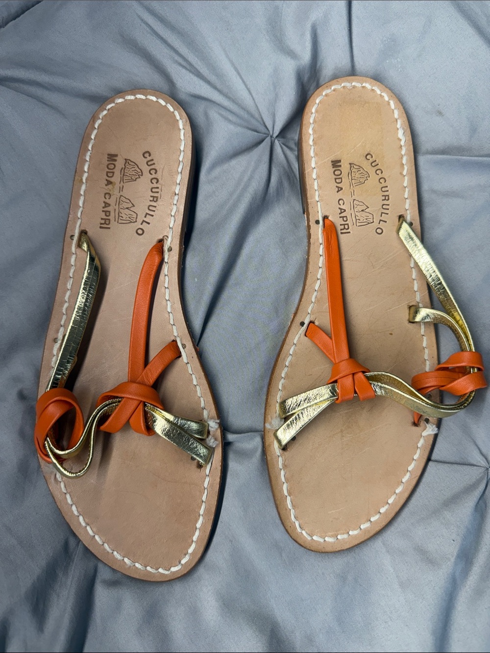 Cuccurullo Moda Capri - Orange & Gold Leather Knot Sandals - Size 40